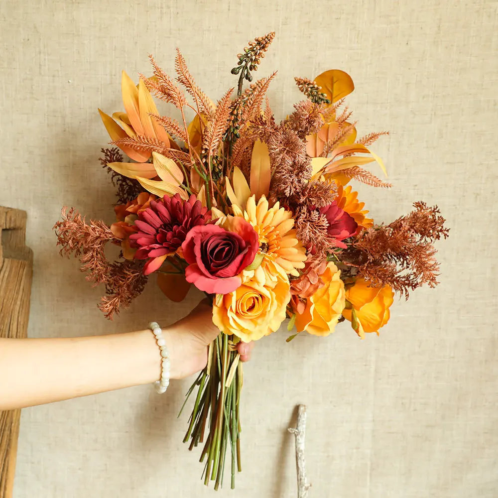 Autumn Bouquet Silk Rose Maple Leaves Dandelion Artificial Flower for Halloween Decoration