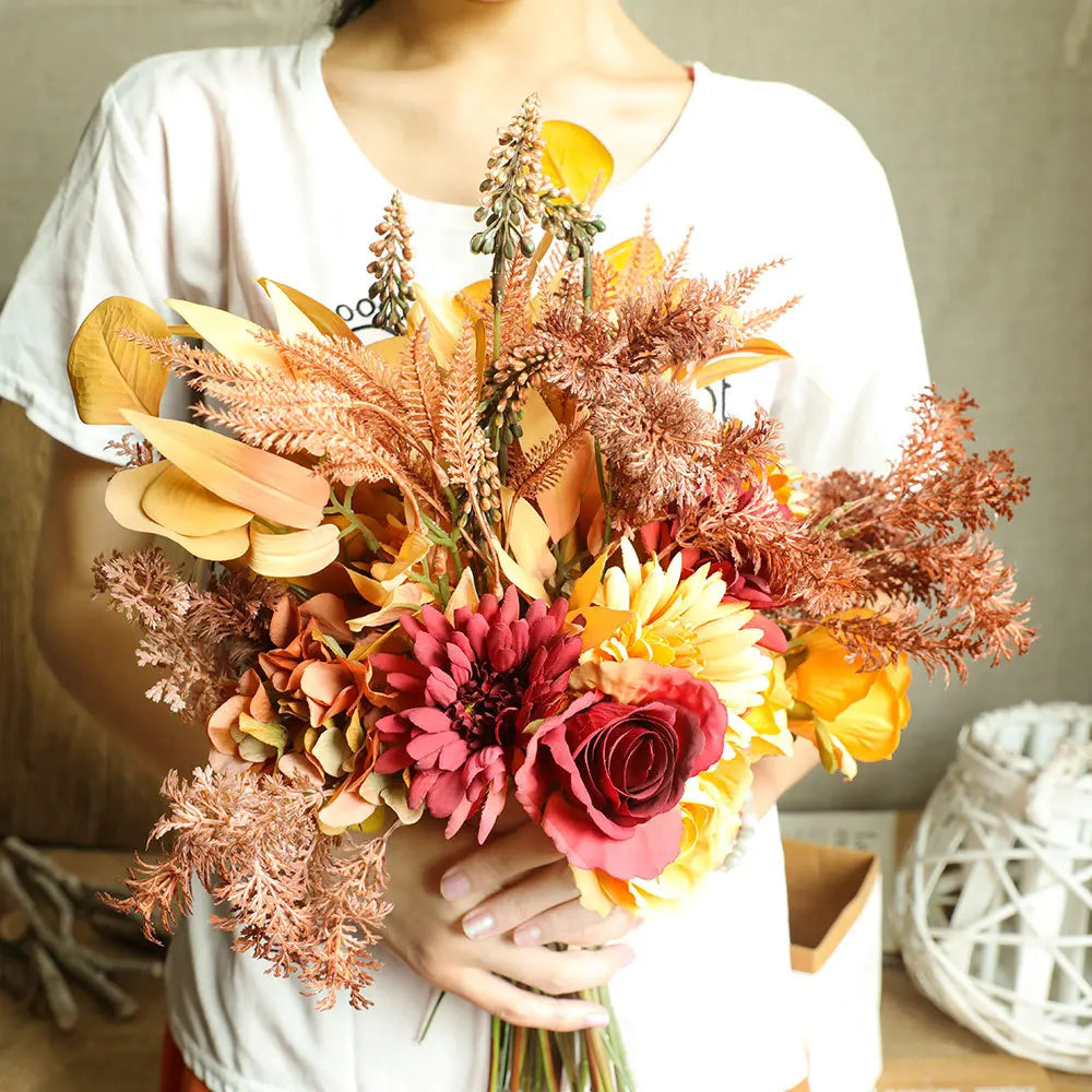 Autumn Bouquet Silk Rose Maple Leaves Dandelion Artificial Flower for Halloween Decoration