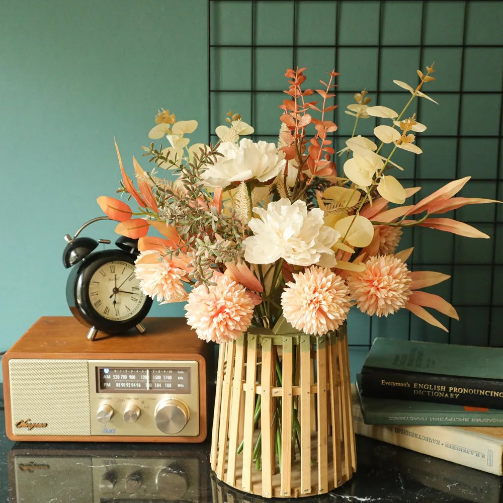 Autumn Bouquet Silk Rose Maple Leaves Dandelion Artificial Flower for Halloween Decoration