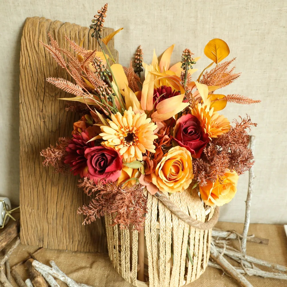 Autumn Bouquet Silk Rose Maple Leaves Dandelion Artificial Flower for Halloween Decoration