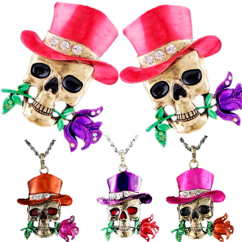 Retro Skull Head Rose Flower Pendant Necklace