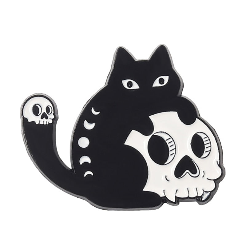 Funny Cat Skull Enamel Badge For Halloween