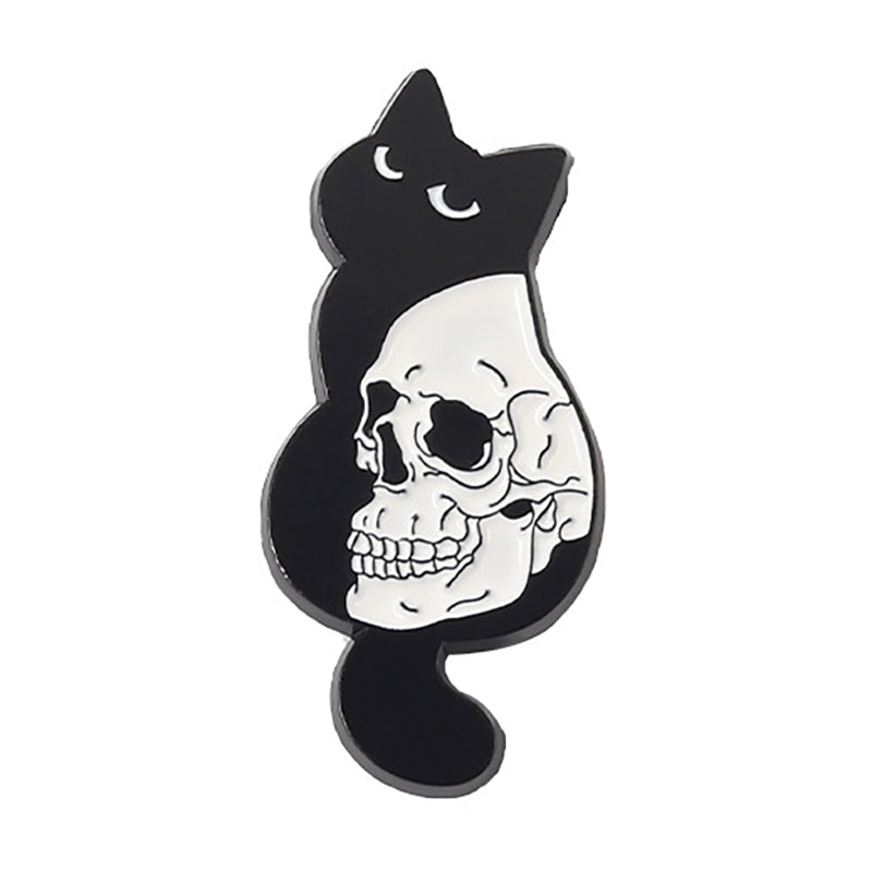 Funny Cat Skull Enamel Badge For Halloween