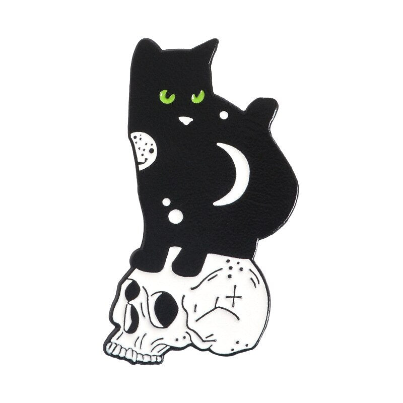 Funny Cat Skull Enamel Badge For Halloween