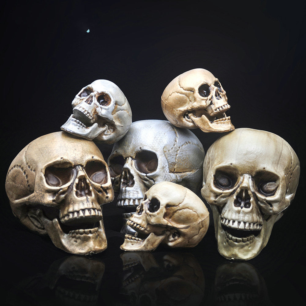 Decorative plastic skulls shown in gold, silver and aged finishes