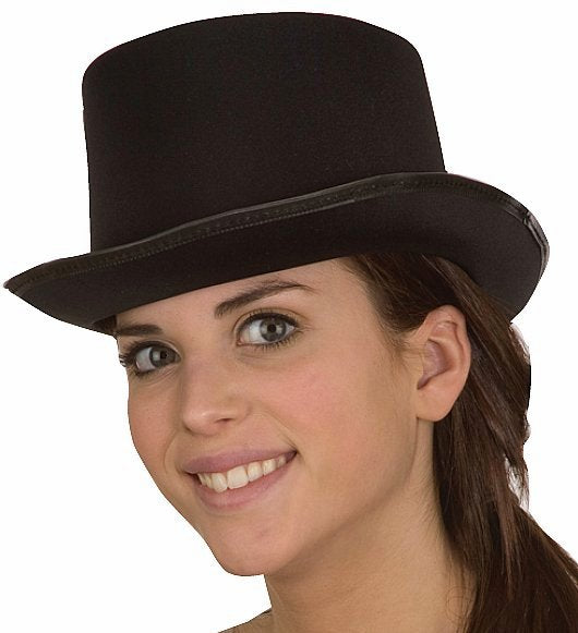 Black costume top hat with a tall crown, curved brim and narrow black band, shown on a model.