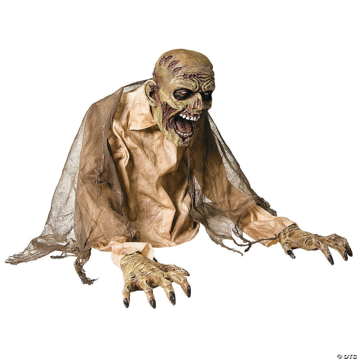 Animated zombie prop with fabric shroud, open mouth and outstretched hands