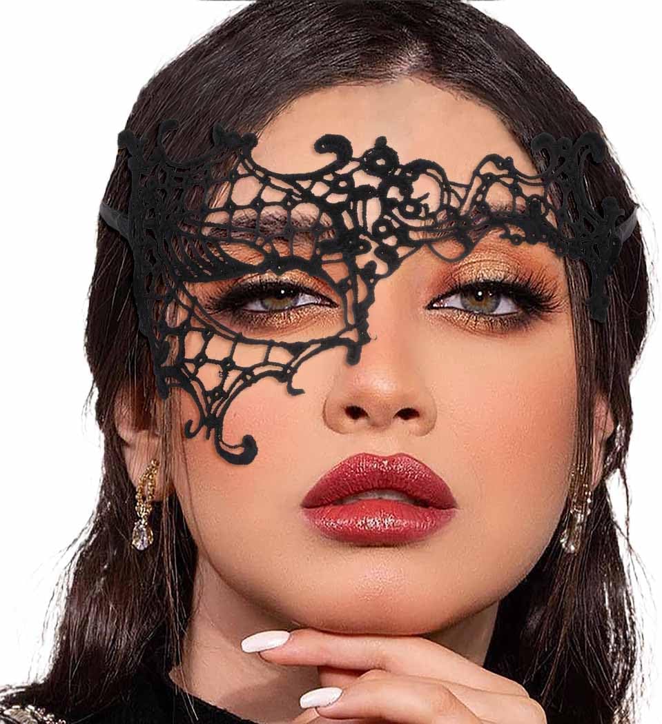 Black lace masquerade eye mask with scrolling floral shapes, modeled on a face.