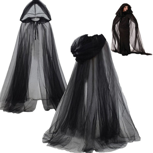 Black sheer hooded ghost cloak shown in product and modeled views.