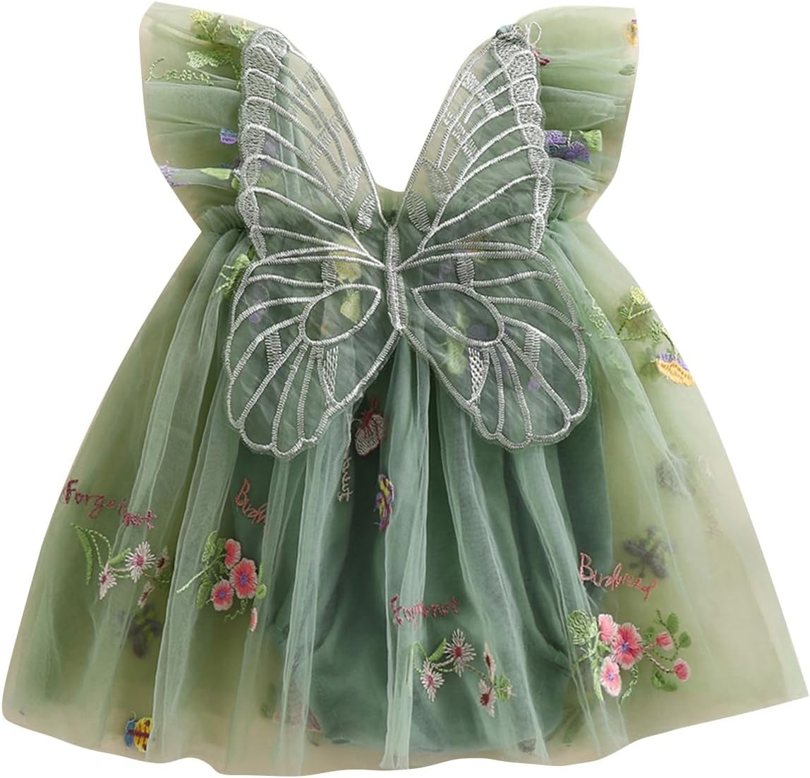Green tulle costume dress with embroidered-style flower details and large butterfly-wing styling at the back.