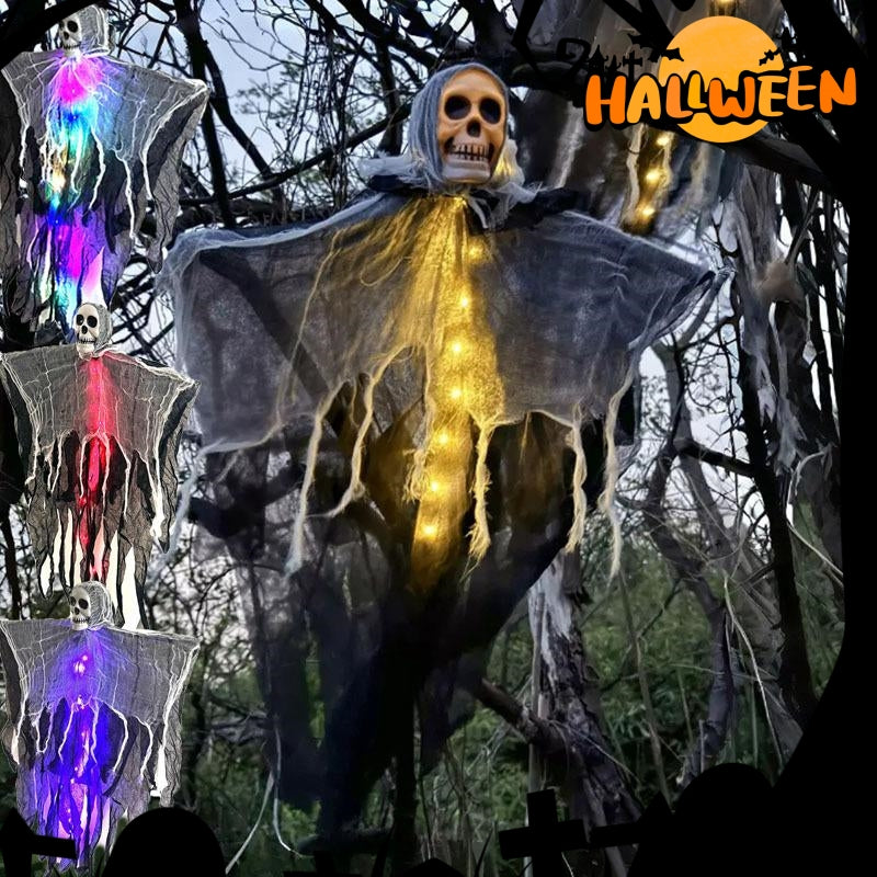 Hanging skull-faced ghost with draped gray fabric and warm glowing lights