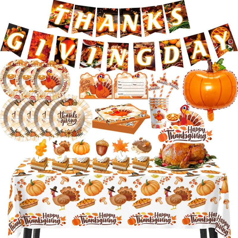 Turkey Cartoon Theme Disposable Tableware Paper Plates Cups Balloons Flag  Decoration