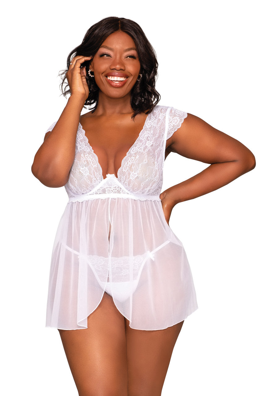 Plus Size White Lace and Mesh Cap Sleeve Babydoll