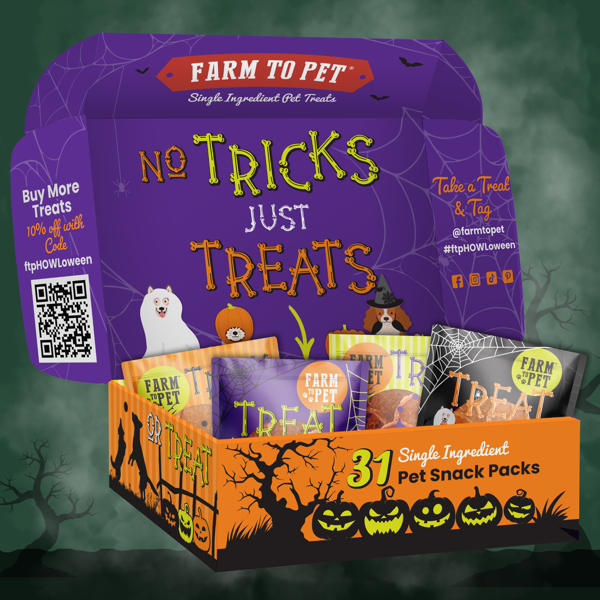 Farm to Pet Halloween dog treat display box with 31 individually wrapped snack packs.