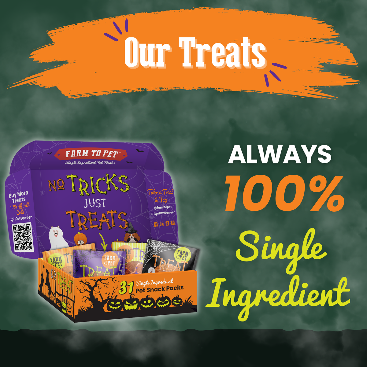 Farm to Pet Halloween Dog Treat Box, 31 Snack Packs