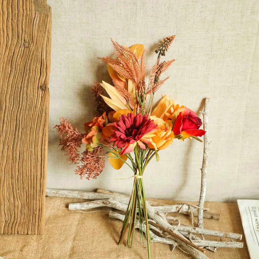 Autumn Bouquet Silk Rose Maple Leaves Dandelion  Artificial Flower for Halloween Decoration