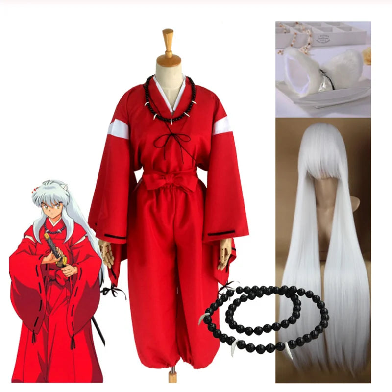 Inuyasha Cosplay Red Kimono With Wigs Ears And Necklace - Costume product photo