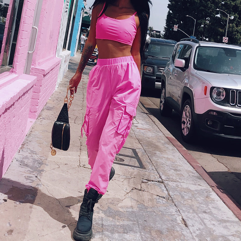 California Barbie Style Sexy Sports Casual Fluorescent Pink Vest + Cargo Jogger Pants Suit LKB-076