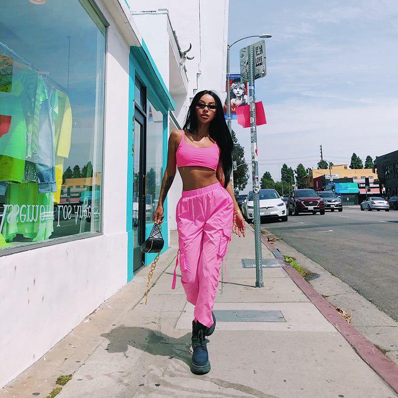 California Barbie Style Sexy Sports Casual Fluorescent Pink Vest + Cargo Jogger Pants Suit LKB-076