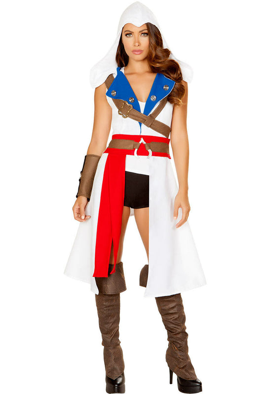 White hooded assassin-style coat over a blue top with brown accents and a red sash.
