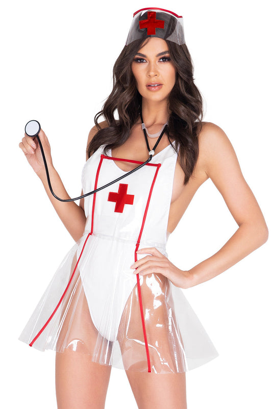 White Nurse Romper Costume with Sheer Skirt