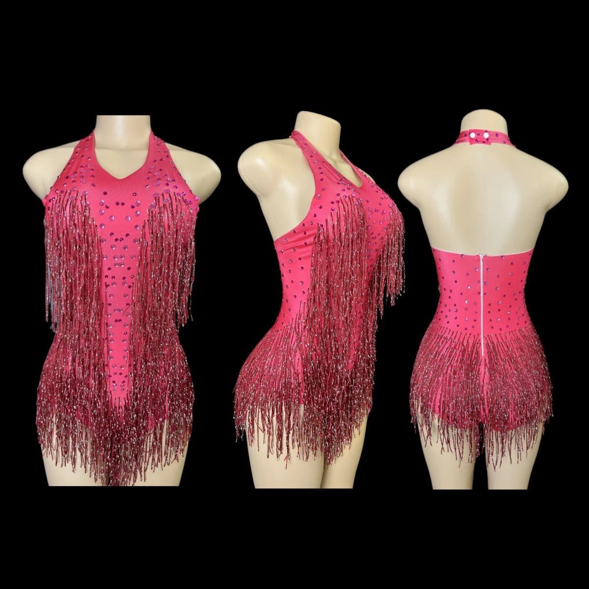 Sparkly Rhinestones Fringe Bodysuit Women Vightclub Party Dance Costume