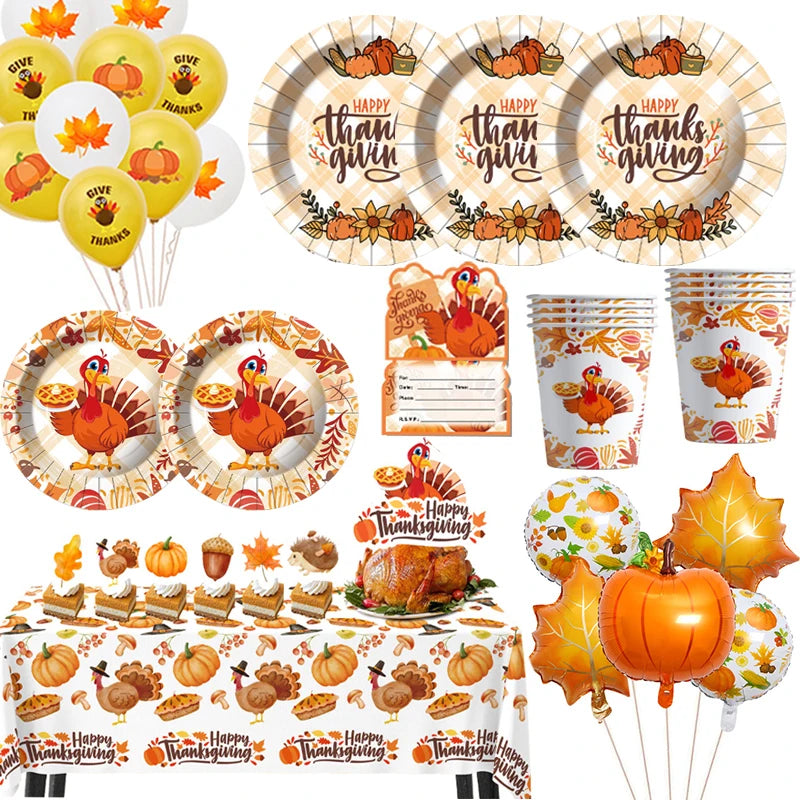 Halloween Turkey Cartoon Theme Disposable Tableware Paper Plates Cups Balloons Flag Decoration
