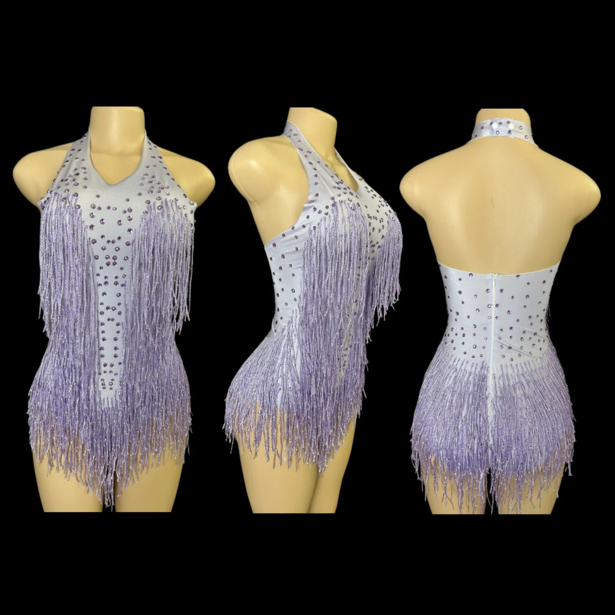 Sparkly Rhinestones Fringe Bodysuit Women Vightclub Party Dance Costume