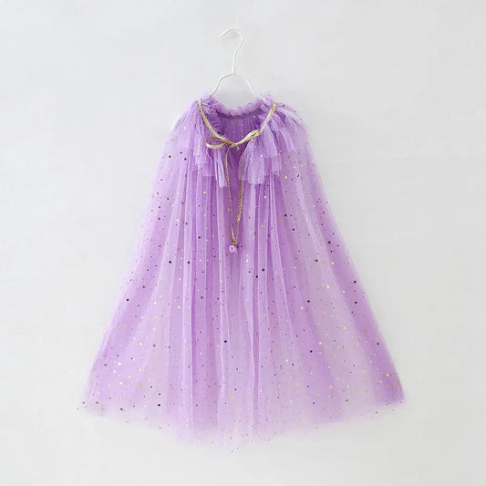 Lavender tulle costume cape with small star details and a gold-colored neckline tie, shown on a hanger.