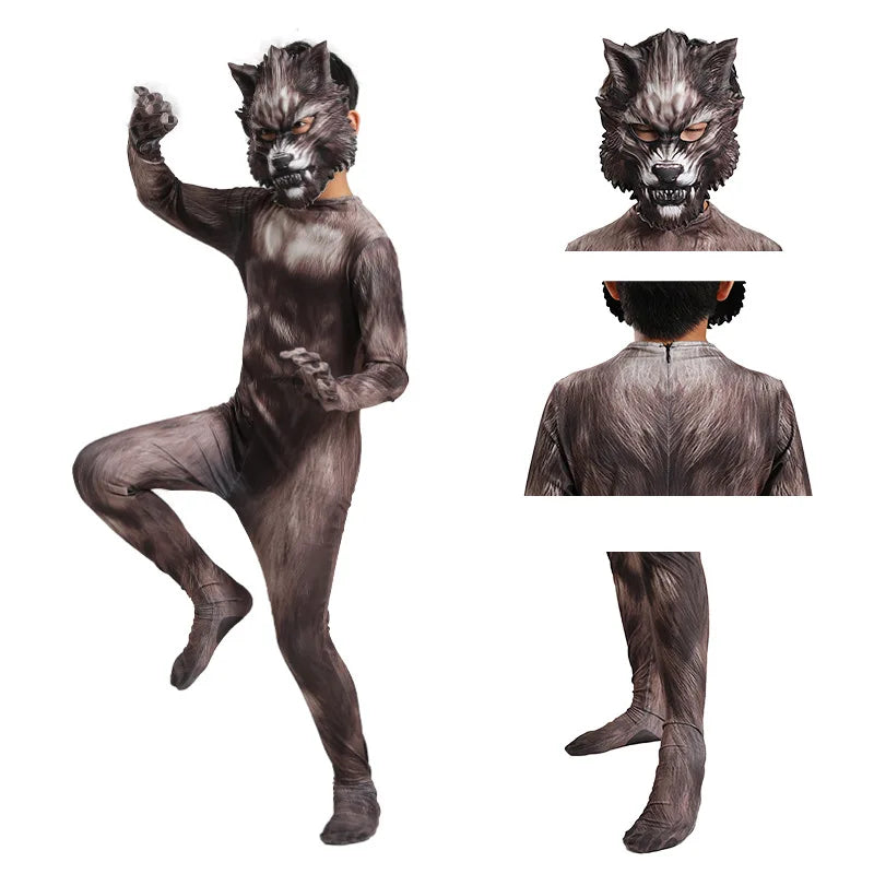 Werewolf Cosplay Costume Jumpsuit With 3D Mask Kids