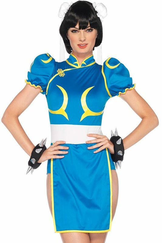 Blue and yellow Chun-Li-style outfit with puff sleeves, white bun covers and black wrist accessories.
