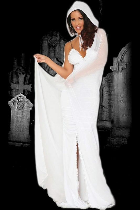 White flowing ghost gown with a hooded sheer cape and front slit.