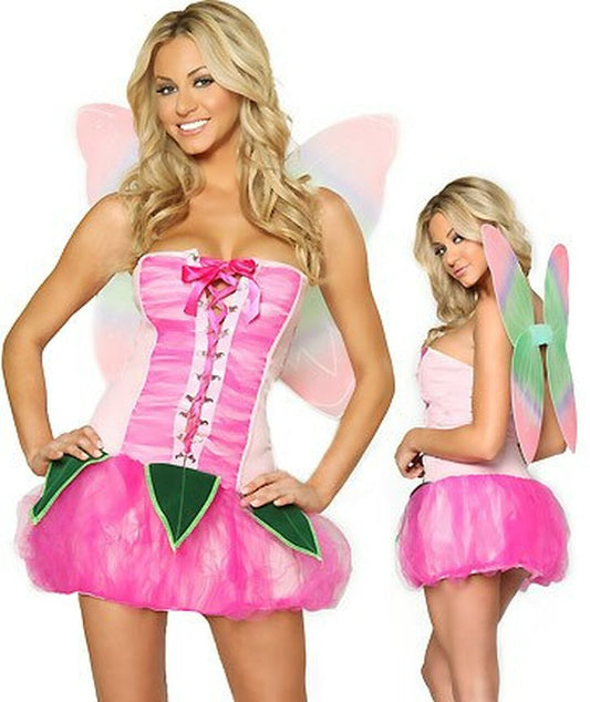 Pink lace-up pixie mini dress with green petal details and pastel wings, shown from the front and back.