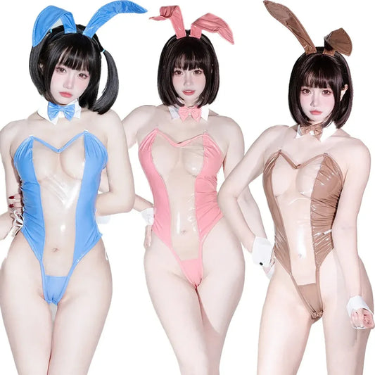 Blue, pink and brown bunny costume styles with matching ear headbands.
