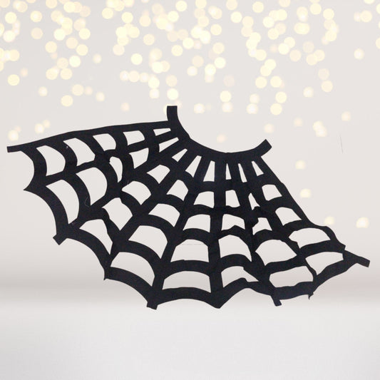 Black spiderweb-shaped costume cape with an open web pattern and a neck band.