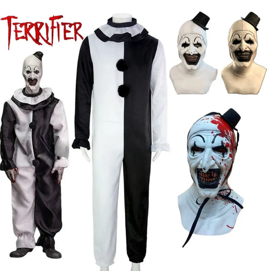 Black and white clown jumpsuit with pom-pom trim, shown beside character masks.