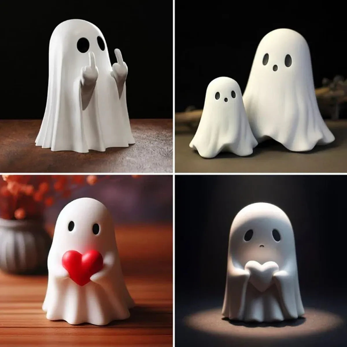 Four white ghost figurine styles, including red heart and hand gesture designs.