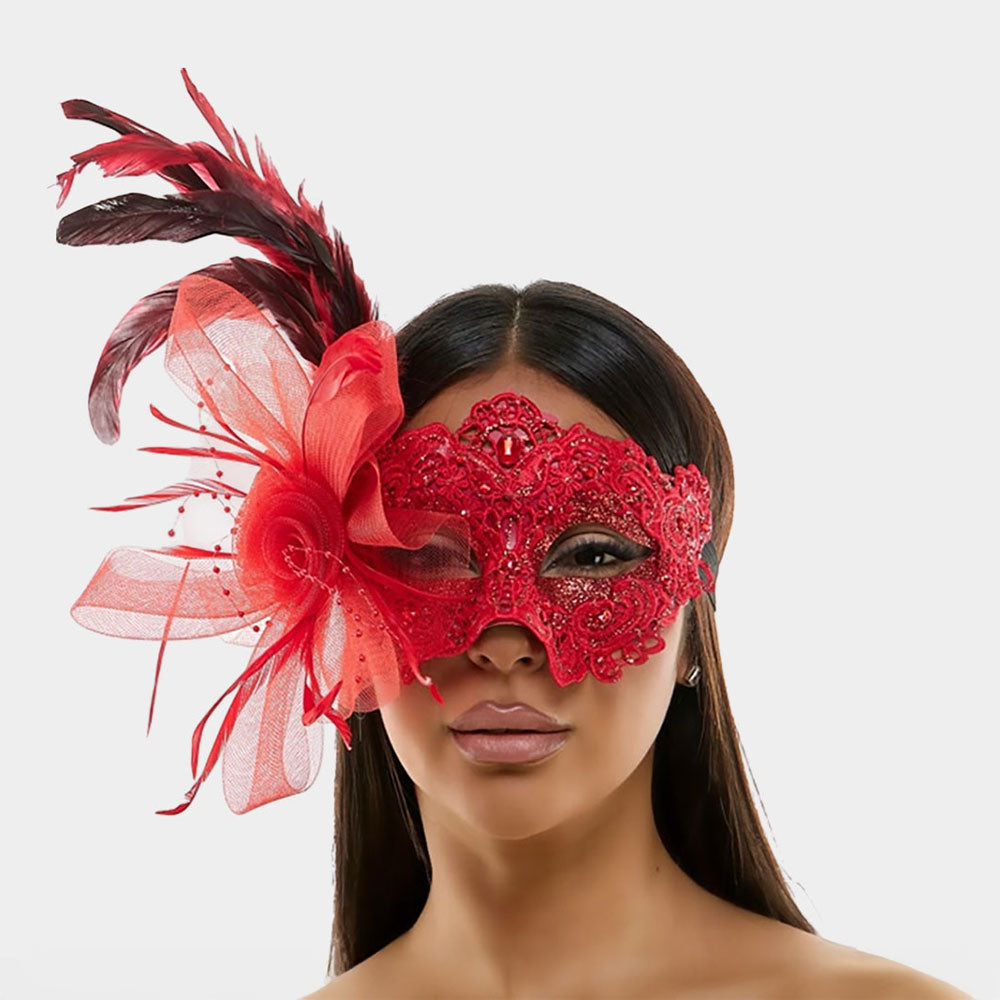 Feather and Flower Lace Masquerade Mask