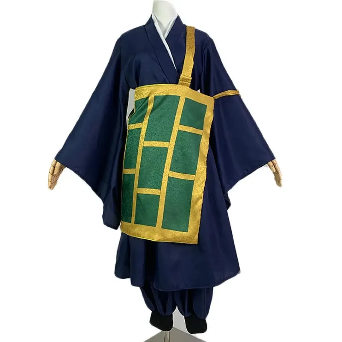 Navy cosplay robe with a green and gold front panel and yellow sash.