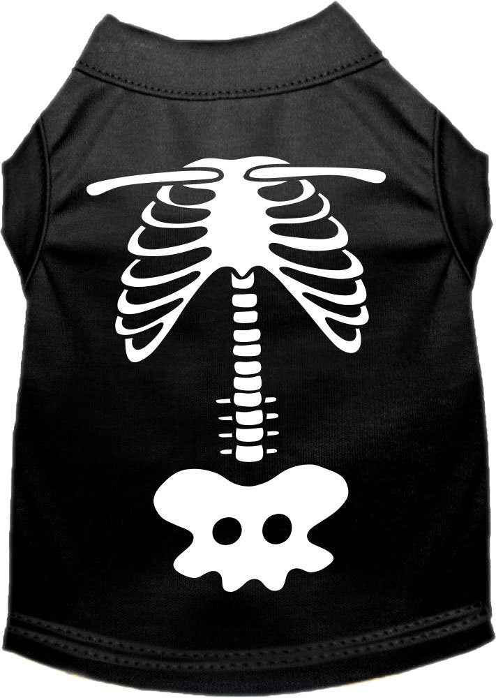 Black sleeveless pet shirt with a white skeleton print showing ribs, a spine and a skull-shaped detail.