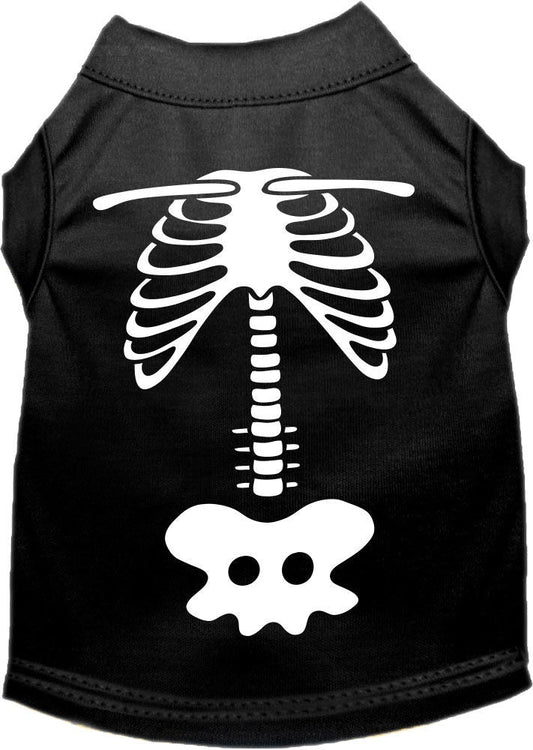 Black sleeveless pet shirt with a white skeleton print showing ribs, a spine and a skull-shaped detail.