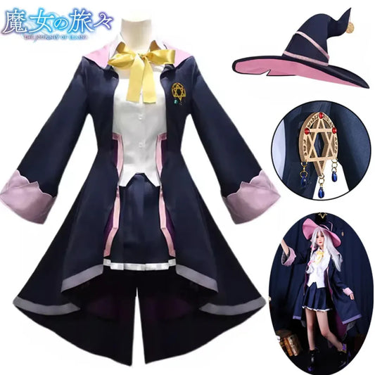 Navy and lavender witch outfit displayed with a pointed hat and character accessories.