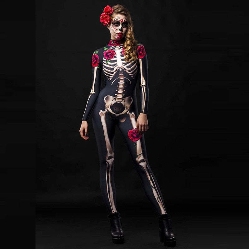 Women Cosplay Skeleton Rose Sexy Bodysuit