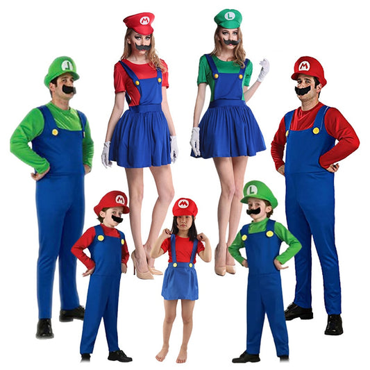 Mario and Luigi costumes in red and green with caps and moustaches, adults and kids