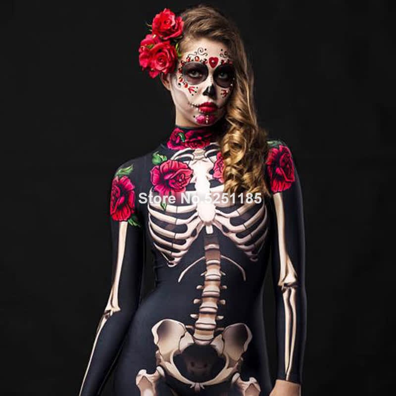 Women Cosplay Skeleton Rose Sexy Bodysuit