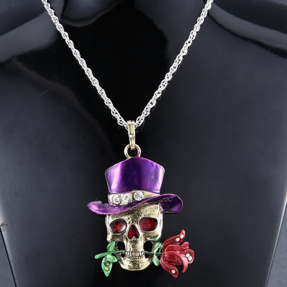 Retro Skull Head Rose Flower Pendant Necklace