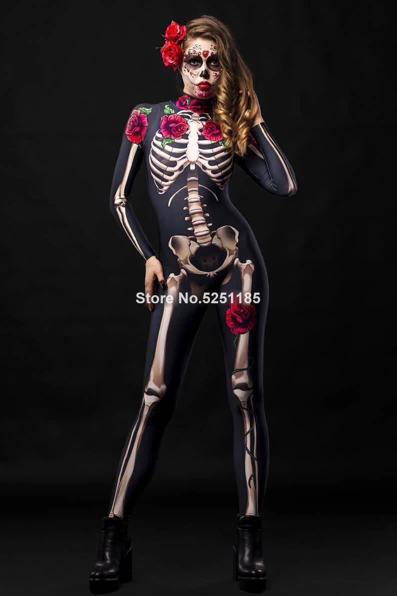 Women Cosplay Skeleton Rose Sexy Bodysuit