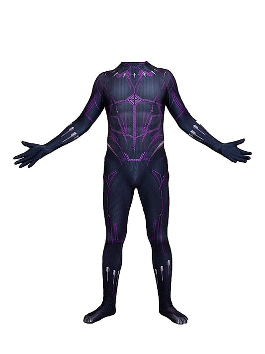 Black Panther cosplay bodysuit in textured matte black spandex, full-body one-piece suit for adults