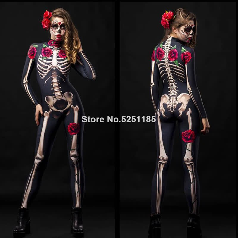 Women Cosplay Skeleton Rose Sexy Bodysuit