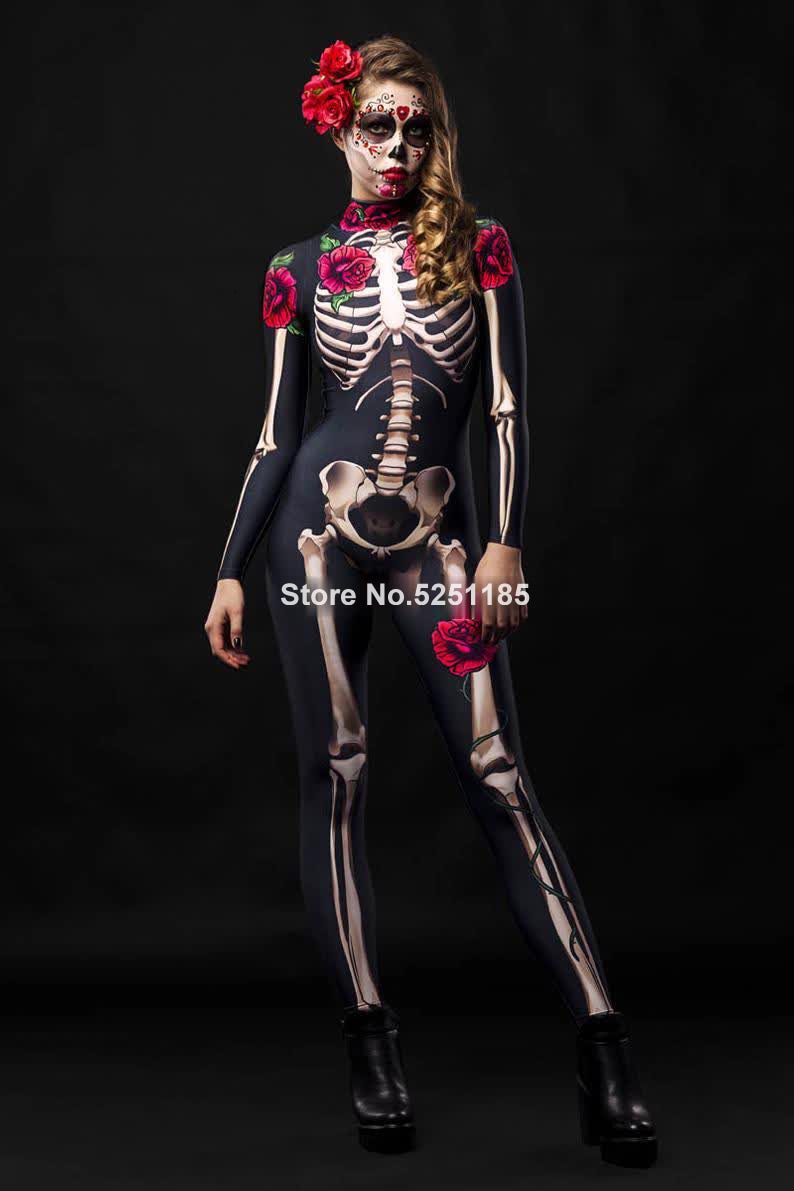 Women Cosplay Skeleton Rose Sexy Bodysuit